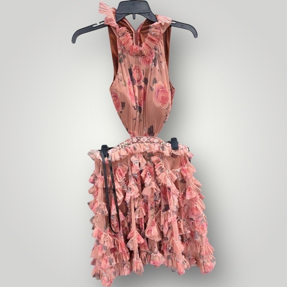 Mac Duggal Floral Ruffle Cutout Halter Neck Cocktail Dress Size 4 - Picture 4 of 7